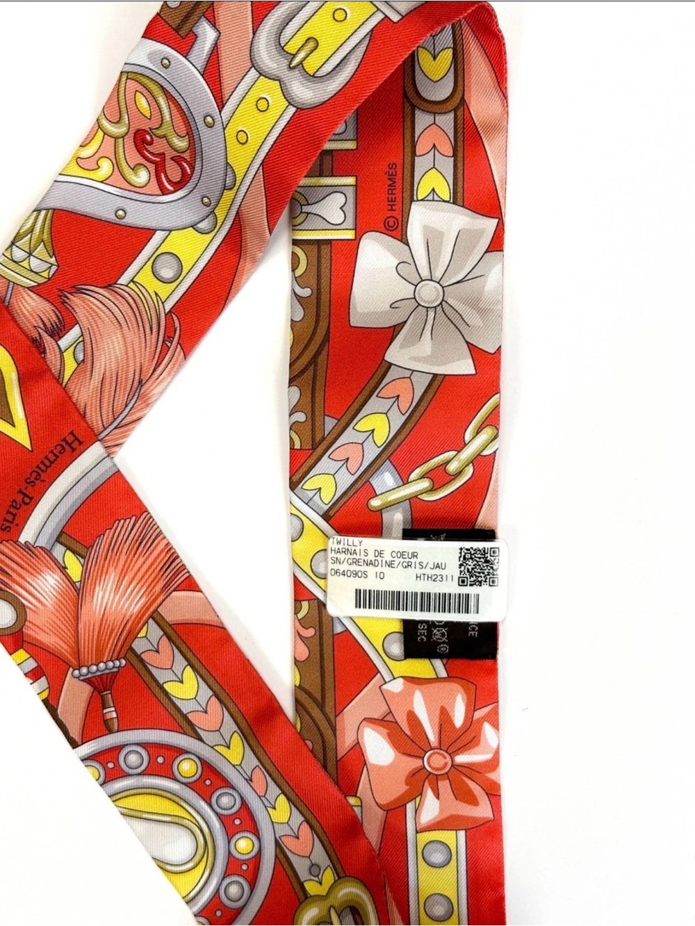 Hermes Harnais de Coeur Twilly Silk Ribbon Scarf grenadine/gris/jaune - NWT